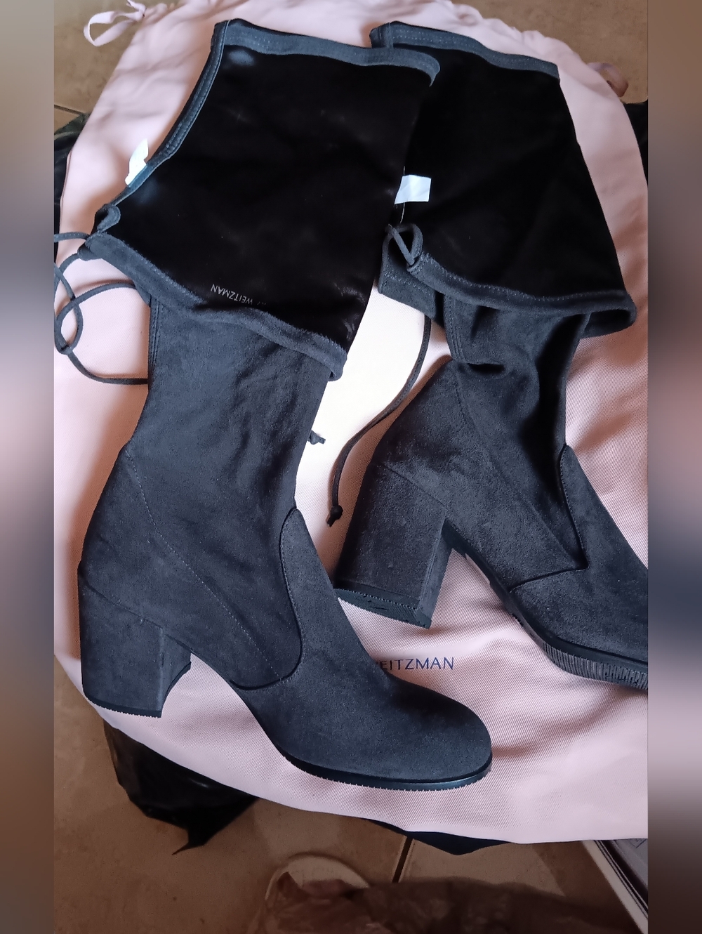 Stuart Weitzman Black Suede Over The Knee Boots with Lace Tie.